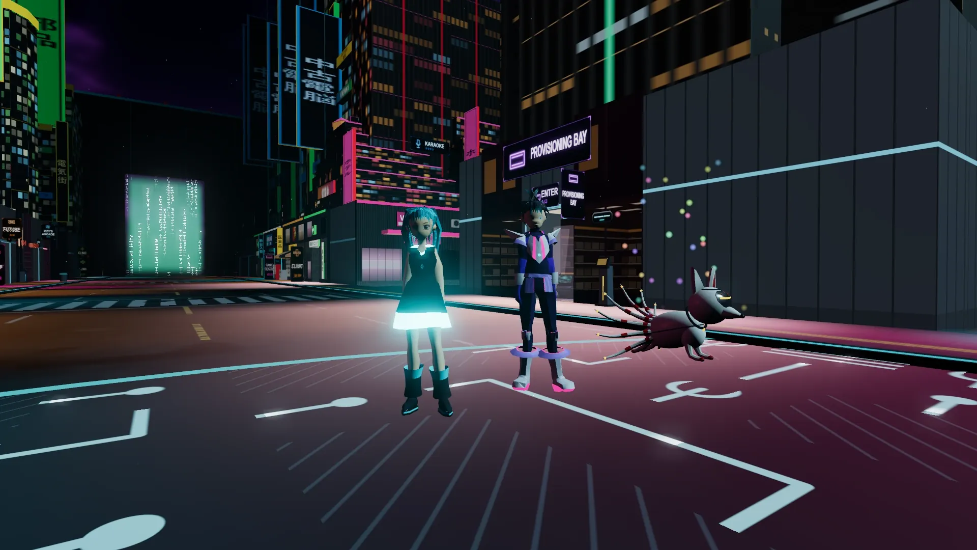 Two players and their Construct on a street in the town of VERLANIS